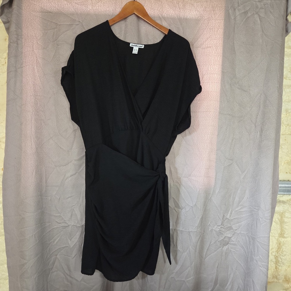 Charlotte Russe Dress Womens XL Black Short Dolman Sleeve V Neck Wrap Ruched